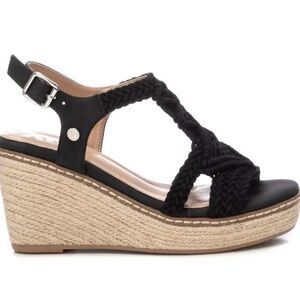 Black and Tan Espadrille Wedges with T-Strap Design
